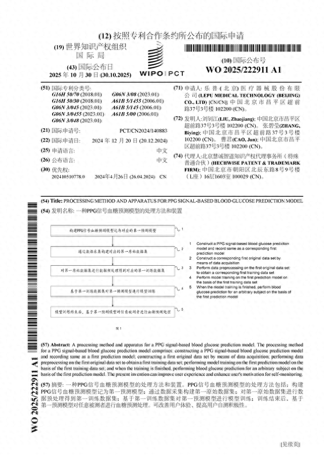 乐普医疗公布国际专利申请：“一种PPG信号血糖预测模型的处理方法和装置”