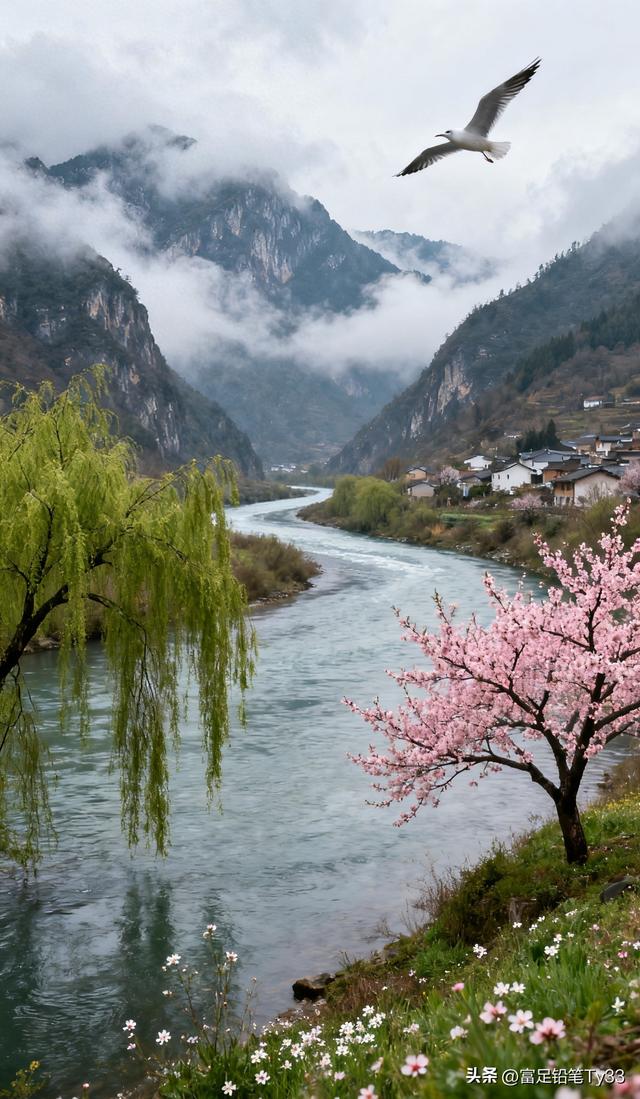 春日山川粉樱绽，飞鸟掠晴空，静谧融画里，风拂暗香浓，意无穷！