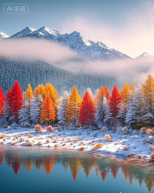 雪山彩林映湖光，一半秋意一半冬
