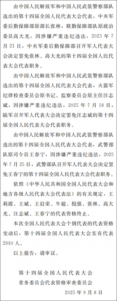 张林、高大光、汪志斌、王春宁四名军队代表被罢免人大代表，“涉嫌严重违纪违法”