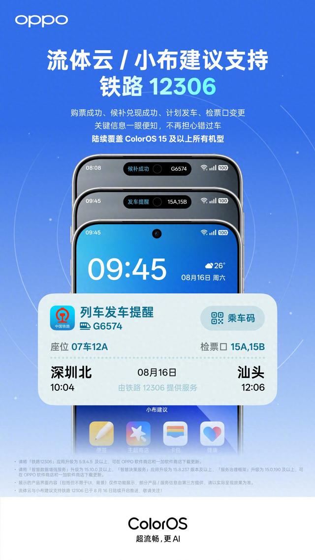 安卓首家：OPPO ColorOS流体云及小布建议现已支持铁路12306