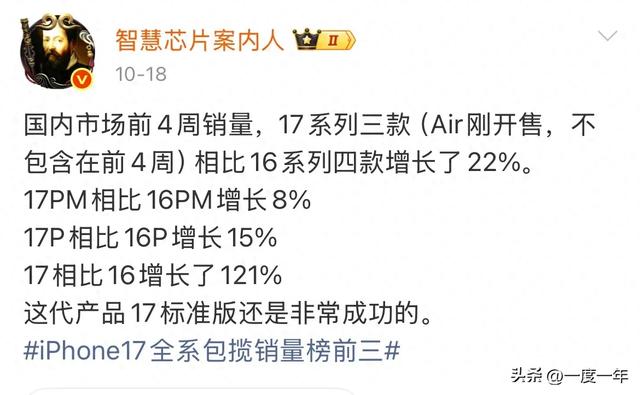iPhone 17系列前四周销量曝光，标准版成最大黑马