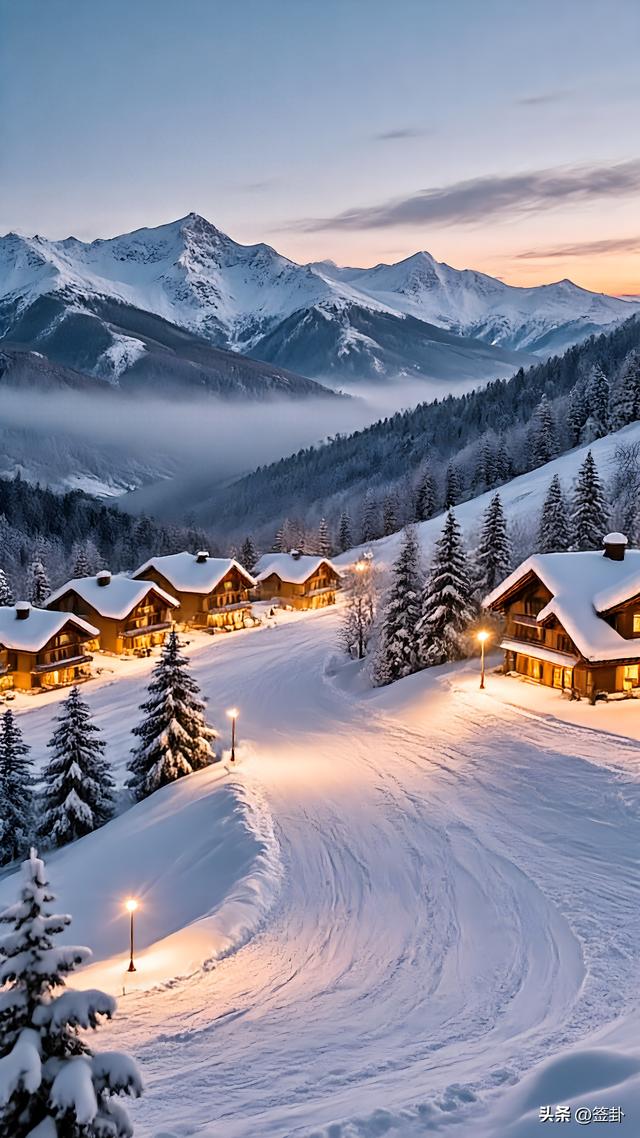 黄昏时分的雪村景色