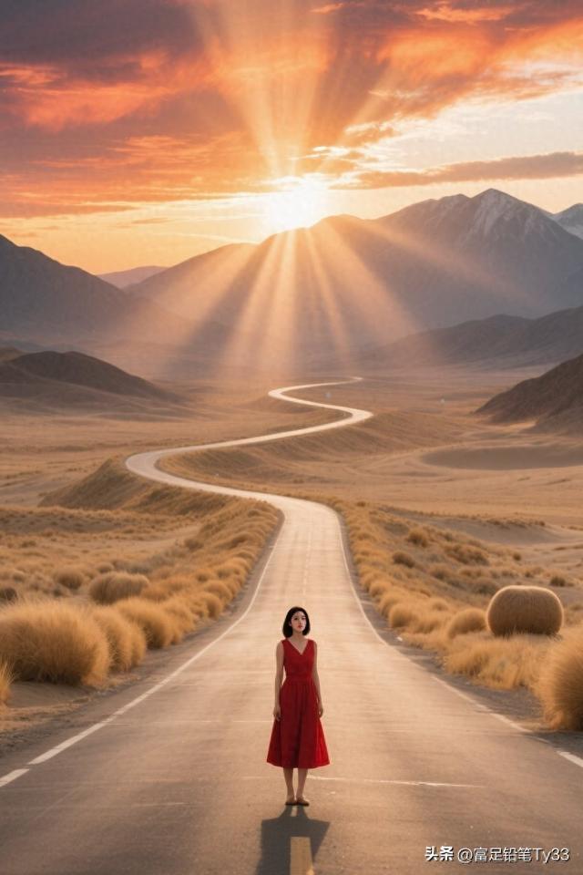夕阳下的红裙女子，沙漠公路的浪漫邂逅！