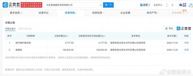 岳云鹏夫妇公司欠税14万被公告