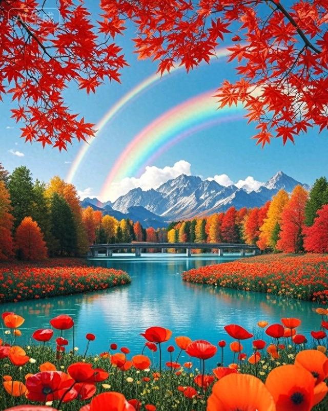 彩虹染秋林，花海醉湖山