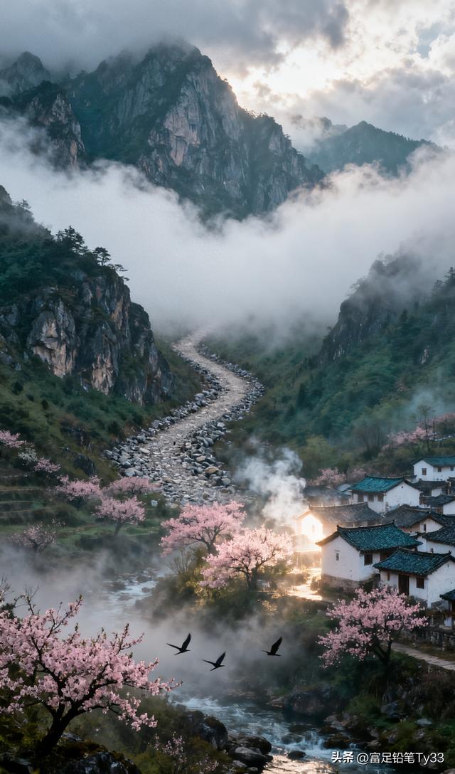 云雾缭绕的世外桃源，粉嫩樱花映衬古村落，仙境般的宁静与美丽！