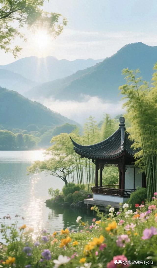 静谧湖畔，古风亭台，花海映日，人间仙境！