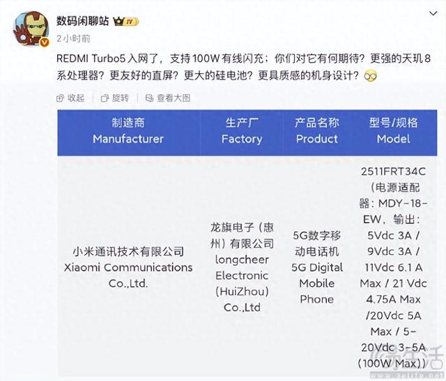REDMI Turbo 5通过3C认证，将支持100W快充