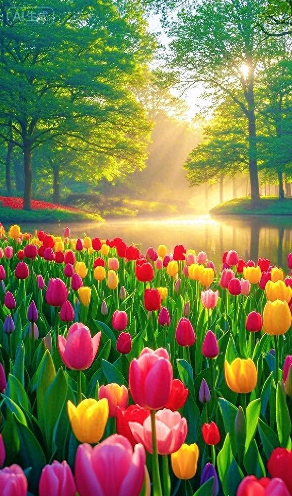 红粉黄紫郁金拥着湖畔，金芒斜射揉碎湖光，自然之美惊艳了清晨