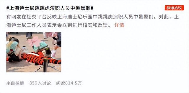 上海迪士尼“跳跳虎”中暑晕倒，网友心疼：紧急情况下应允许摘下头套
