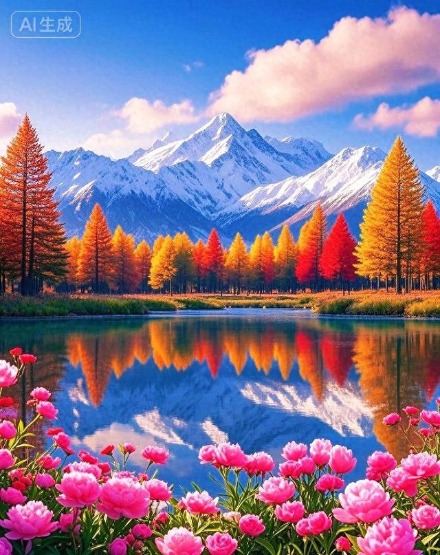 雪山遇见秋林花海，天地间的色彩狂欢