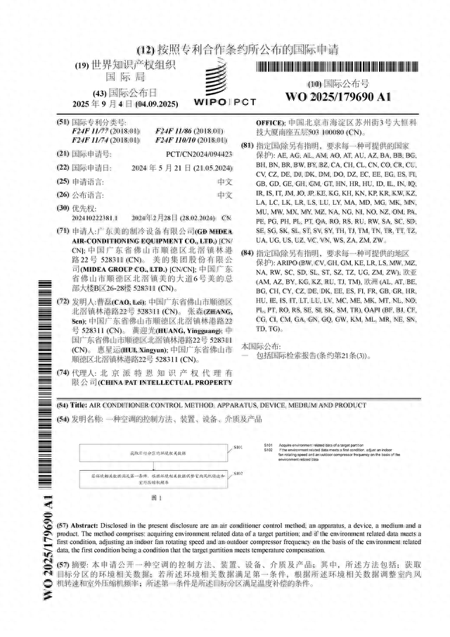 美的集团公布国际专利申请：“一种空调的控制方法、装置、设备、介质及产品”