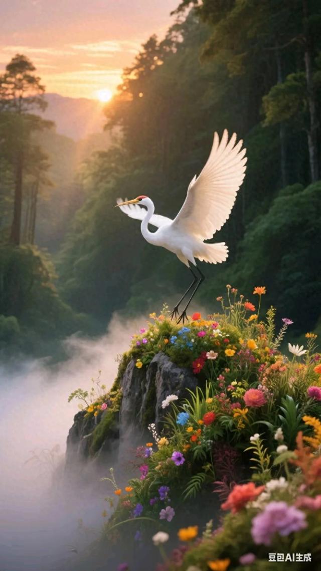 仙鹤舞花田：邂逅唯美自然奇景