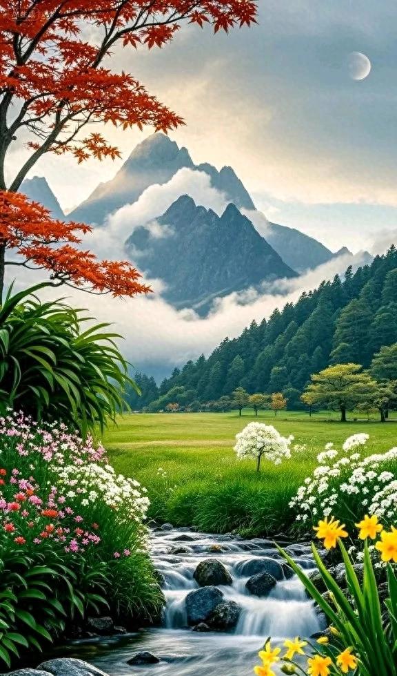 翠树临溪，繁花绽野，青山作伴的宁静美好
