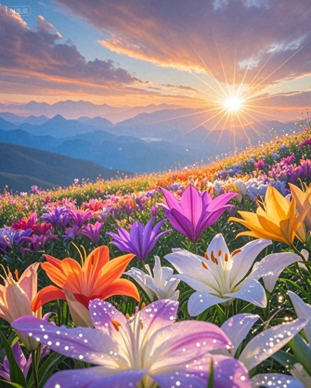 日出洒百合花海，远山相伴，太美了