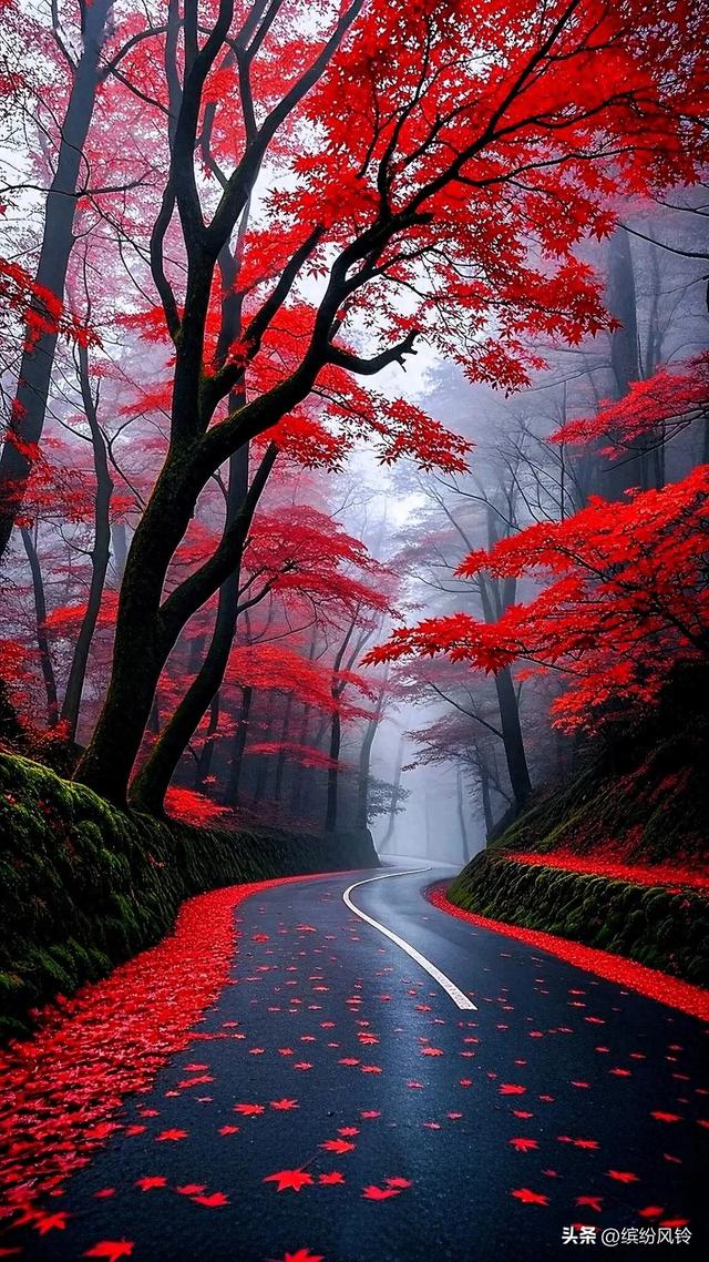 雾霭轻抚山峦，红枫似火