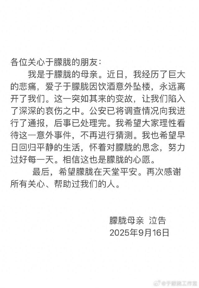 于朦胧母亲发声：于朦胧因饮酒意外坠楼，希望大家理性看待这一意外事件	，不再进行猜测