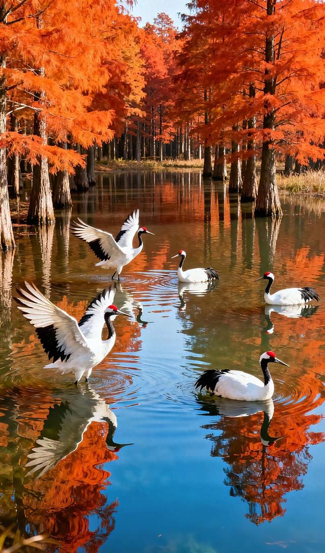 丹頂点秋红，林影酔湖光