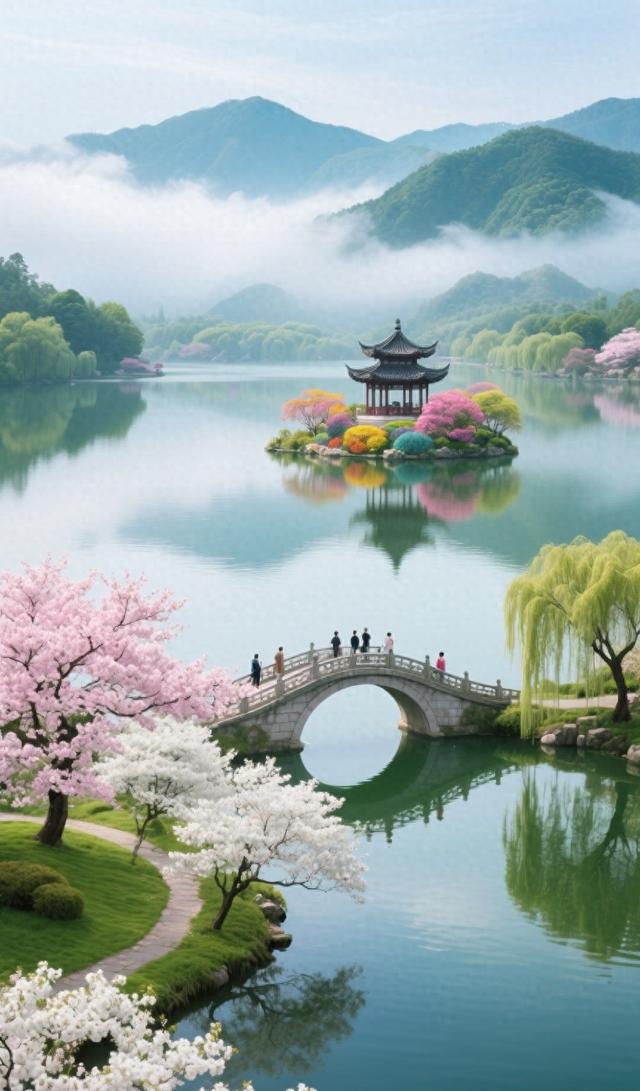 竖幅园林图：静湖映春山！