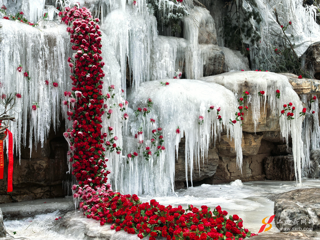 冰瀑映玫红，太原蒙山冬日焕新颜