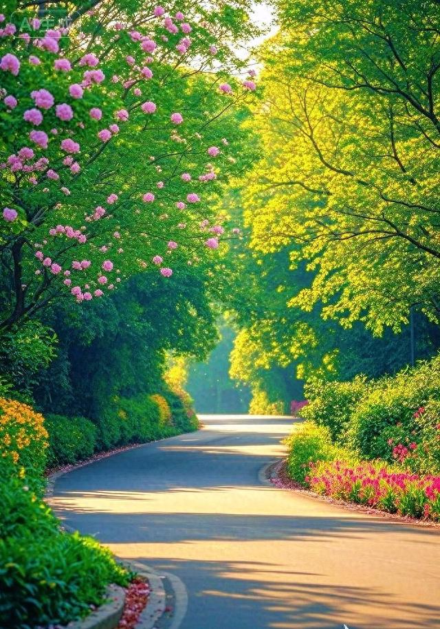 花簇缠林，彩枝垂径，弯路上光影织就满目斑斓画境