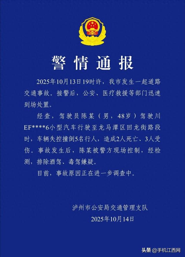 陈某驾车撞倒行人致2死3伤，泸州警方通报