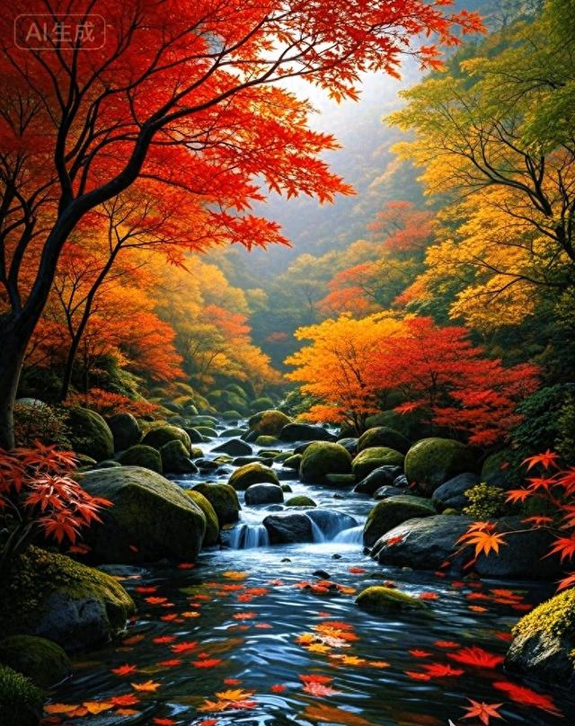深山秋溪红枫舞，石上清泉彩叶流