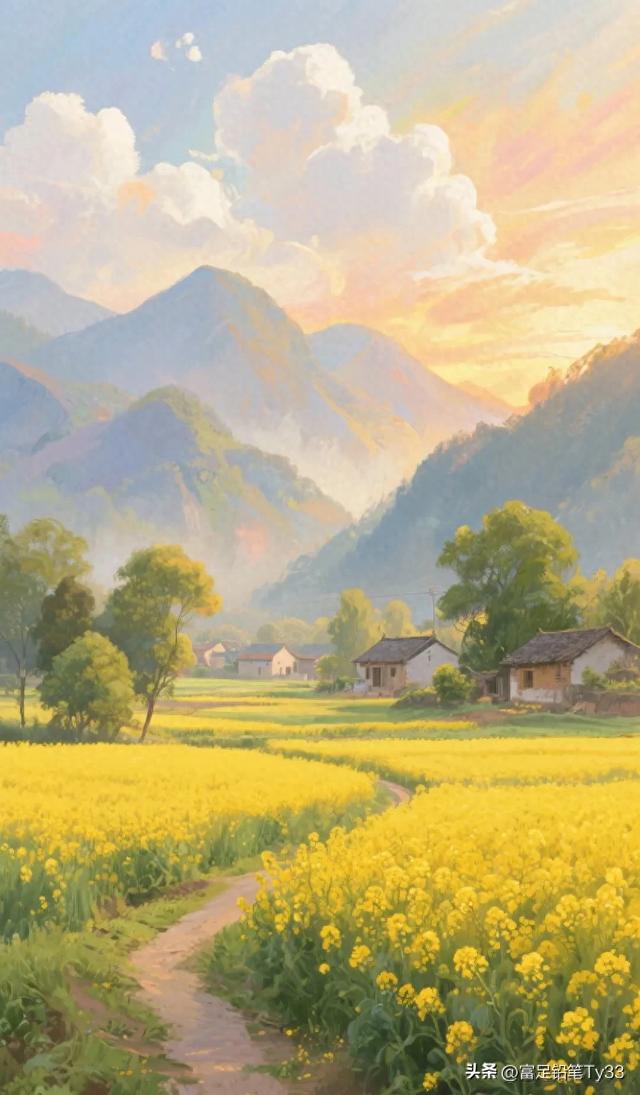 田园风光，金黄麦田，宁静乡村，美不胜收！