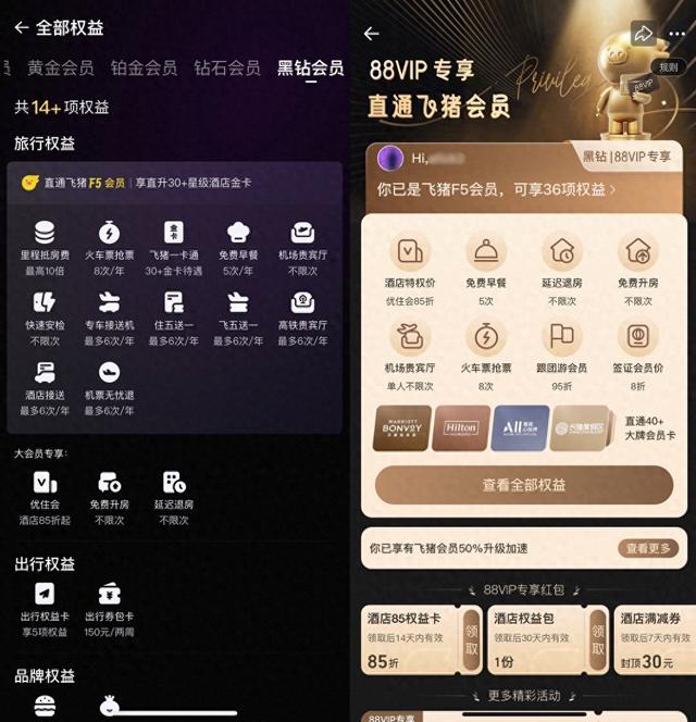飞猪与淘宝打通：淘宝大会员黑钻直通飞猪F5，可获万豪等金卡