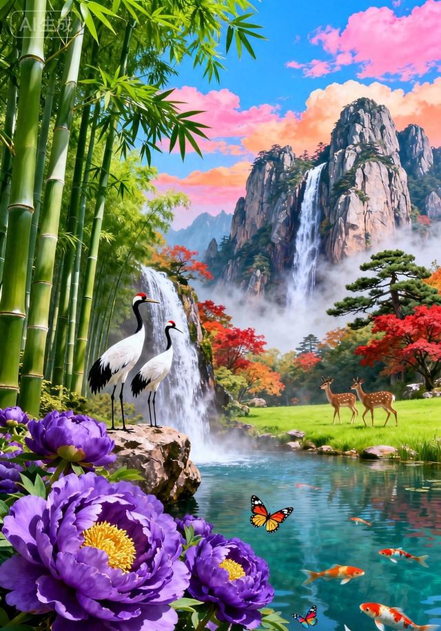 翠竹丹鹤映紫牡丹，仙山瀑布伴锦鲤，满眼皆是好风光