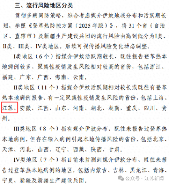 江苏被归为基孔肯雅热流行风险Ⅱ类地区