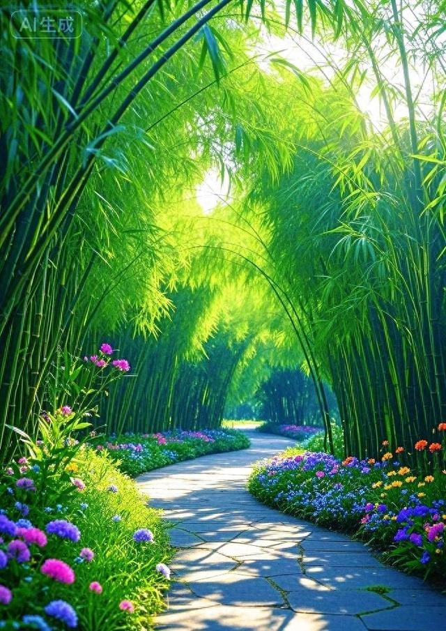 竹林花径：一径繁花，满目翠意