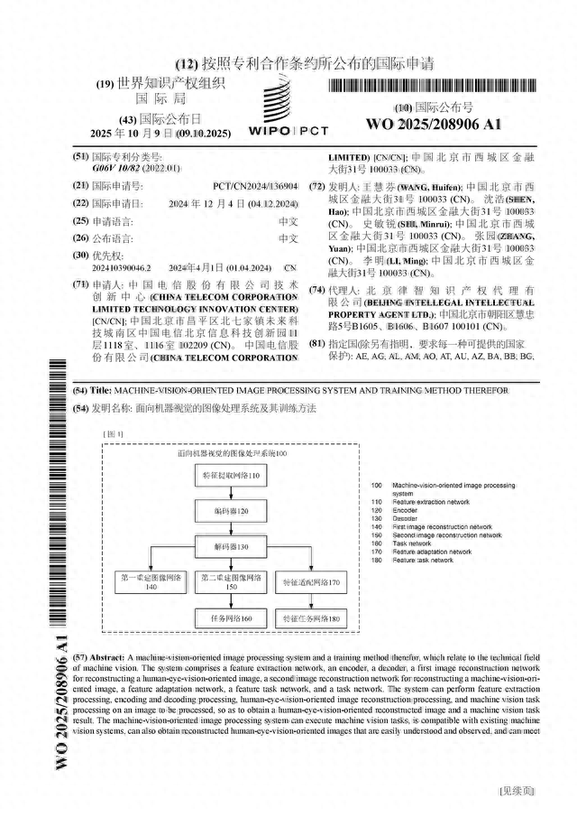 中国电信公布国际专利申请：“面向机器视觉的图像处理系统及其训练方法”