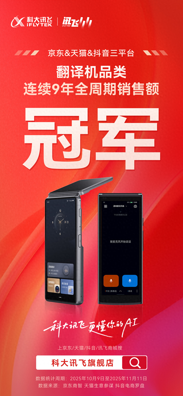 讯飞翻译机获得双十一九连冠：三平台销售额持续领跑