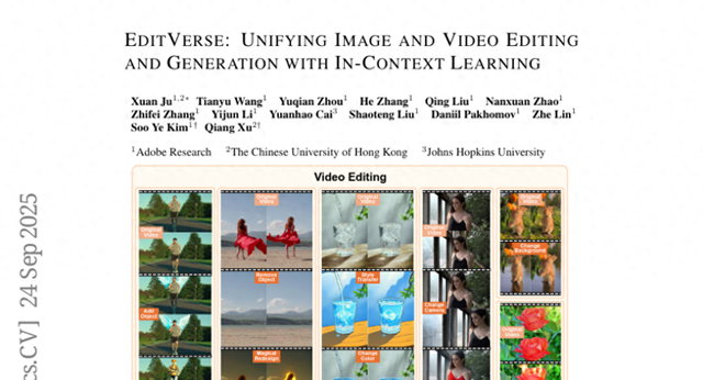 Adobe团队发布EditVerse：一个模型搞定所有图片和视频编辑