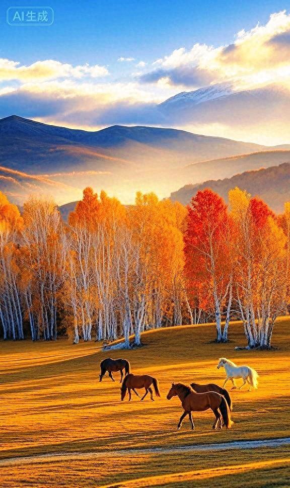 斑斓树影下，秋原里的自在马群