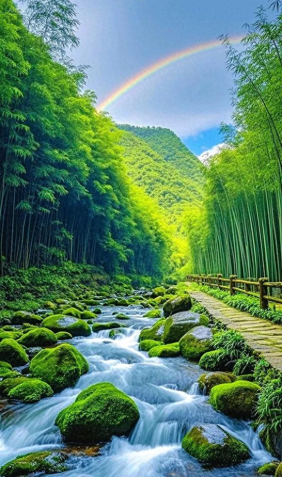 走进翠绿竹林，邂逅潺潺溪流与梦幻彩虹 ，心都被这方天地治愈啦~
