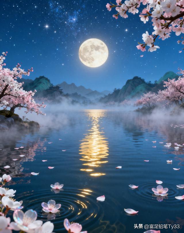 月色如水，樱花飘落，静谧夜晚的诗意美景！