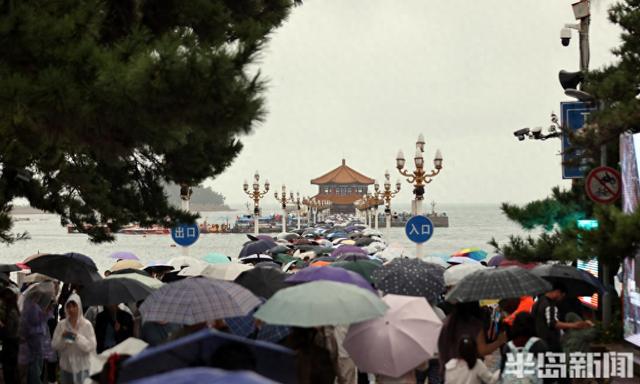 秋雨润栈桥，伞海映人潮