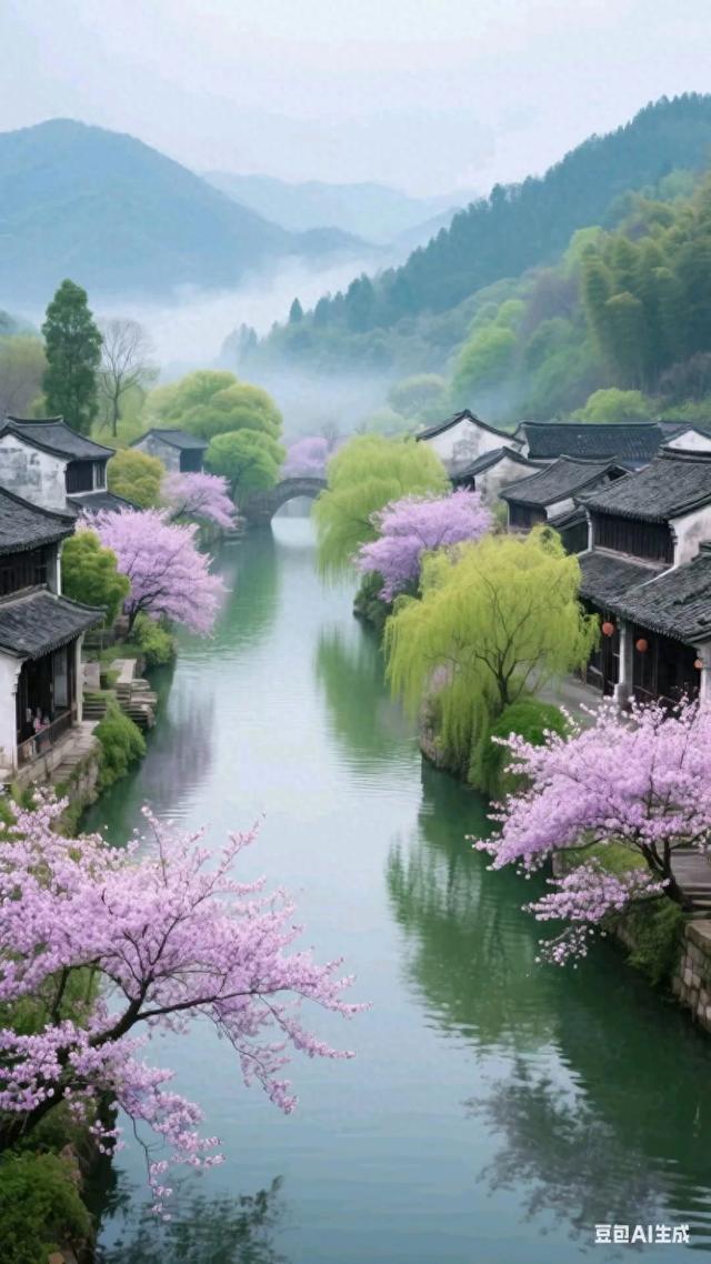 粉黛染春，水乡漾波，千年梦魂，系此烟霞，风过回廊诉旧盟！