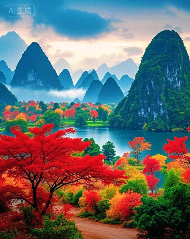 峰林秋意浓，碧水染层林