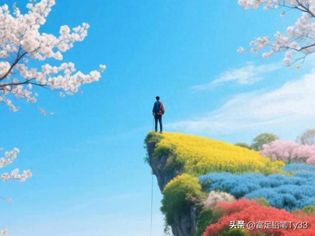 站在花海悬崖上，与蓝天白云相拥，感受大自然的壮丽与宁静！