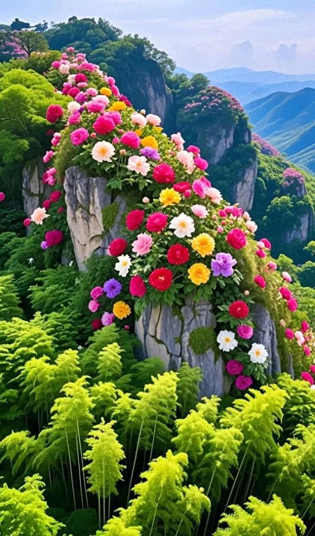 悬崖上的牡丹花海绝美，周边风景亦如画