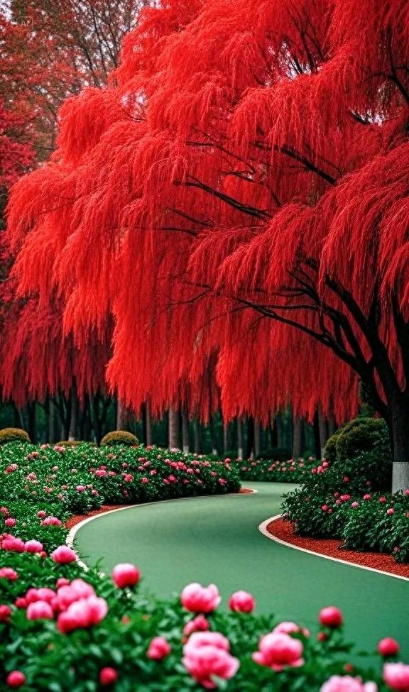 红枫树下，牡丹花盛开，画面实在太唯美
