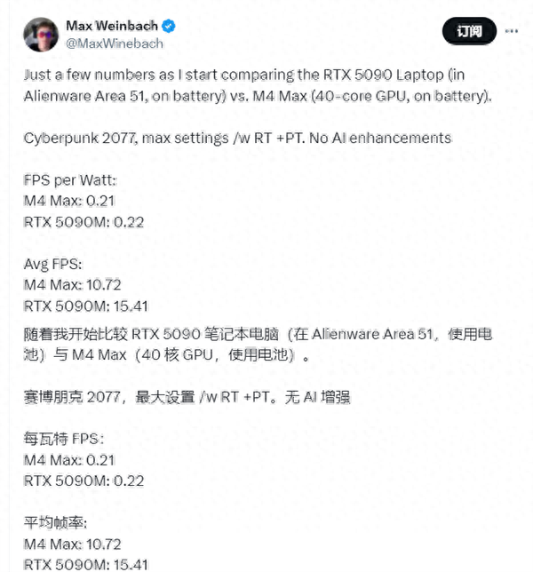 苹果M4 Max与RTX 5090 GPU性能对比：电池模式下能效表现接近