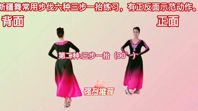 新疆舞常用步伐六种三步一台练习，双面示范，文字说明