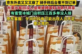 京东外卖又又又崩了！骑手称后台看不到订单，有蜜雪冰城门店积压三百多单没人接，大量出餐因没人接单被顾客取消急坏商家，京东客服回应：午间时段有可能出现人力不足，是正常的 #京东外卖 #外卖小哥视频封面
