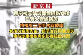 南宁被天降玻璃窗砸伤女孩已转入普通病房 将接受二次手术取玻璃 女孩父亲周先生：孩子治疗周期漫长 将与涉事楼栋房东协商赔偿问题视频封面
