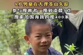 #8岁男童在大理苍山失踪 ，参与搜救者：搜到凌晨3点，搜索范围海拔跨度400米
8月10日，“一名8岁男童在大理苍山走失”引发关注，一位自愿参与搜救工作的导游告诉澎湃新闻，其与几个朋友对走失地附近山地很熟悉，自愿搜索到凌晨，目前仍未找到。
